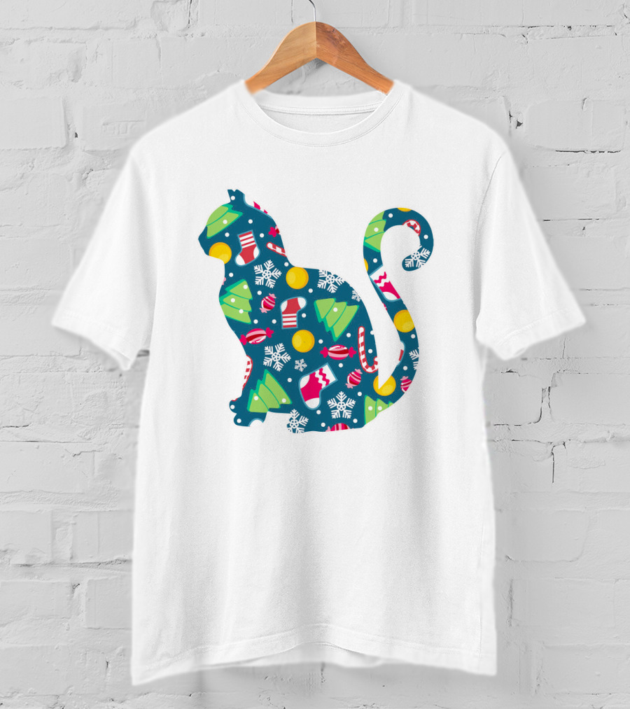 Christmas Cat Silhouette With Festive Trees And Ornaments T-Shirt