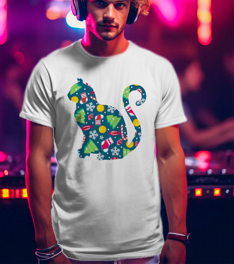 Christmas Cat Silhouette With Festive Trees And Ornaments T-Shirt