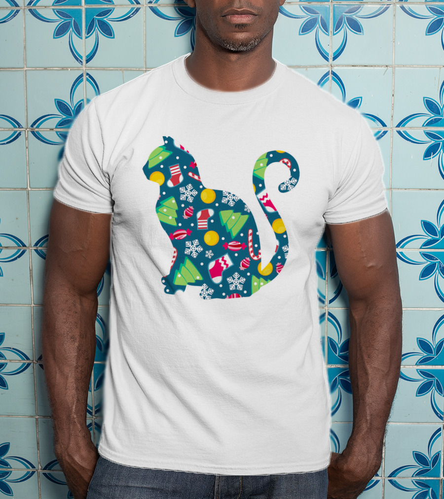 Christmas Cat Silhouette With Festive Trees And Ornaments T-Shirt