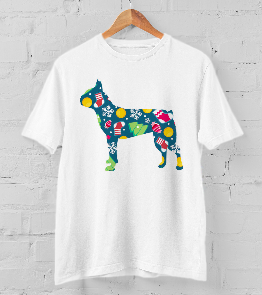 Festive Boston Terrier Dog Lover Christmas Pattern With Snowflakes And Ornaments T-Shirt