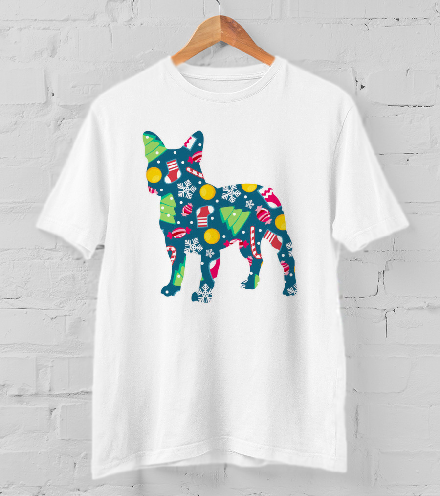 Dog Lover Christmas Frenchie Bulldog Pattern With Holiday Decorations T-Shirt