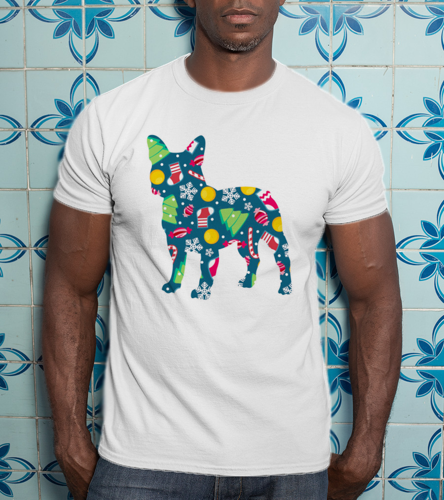 Dog Lover Christmas Frenchie Bulldog Pattern With Holiday Decorations T-Shirt