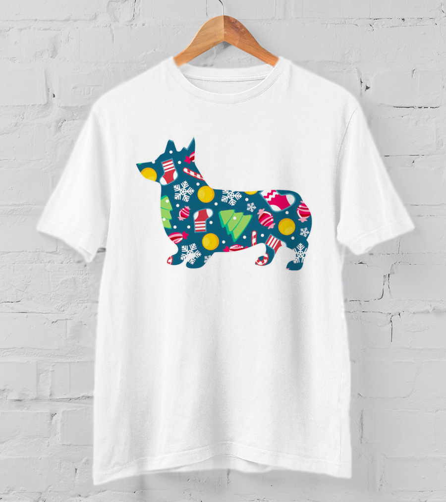 Corgi Silhouette With Candy Canes Ornaments Snowflakes And Christmas Trees For Dog Lovers T-Shirt