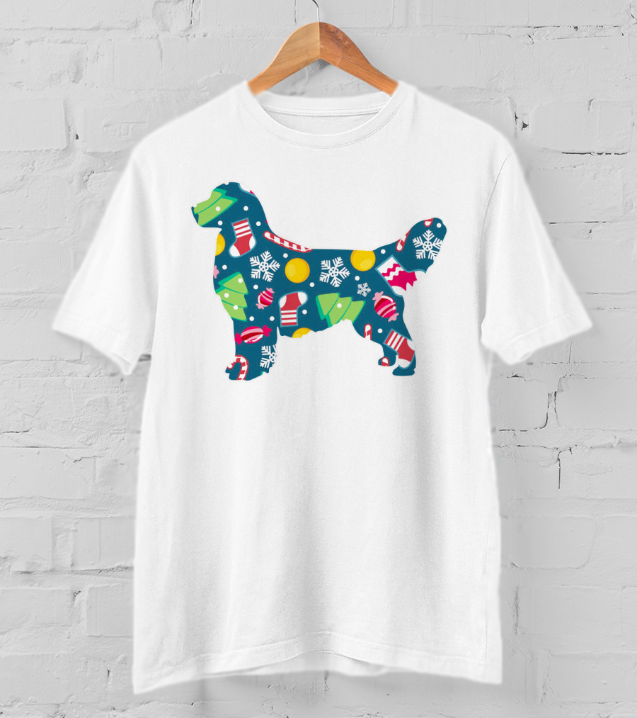 Golden Retriever Christmas Pattern With Snowflakes, Trees, Ornaments, And Stockings For Dog Lovers T-Shirt