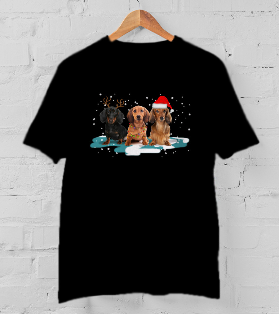 Dachshund Christmas Trio With Antlers And Santa Hat In Snowy Scene T-Shirt