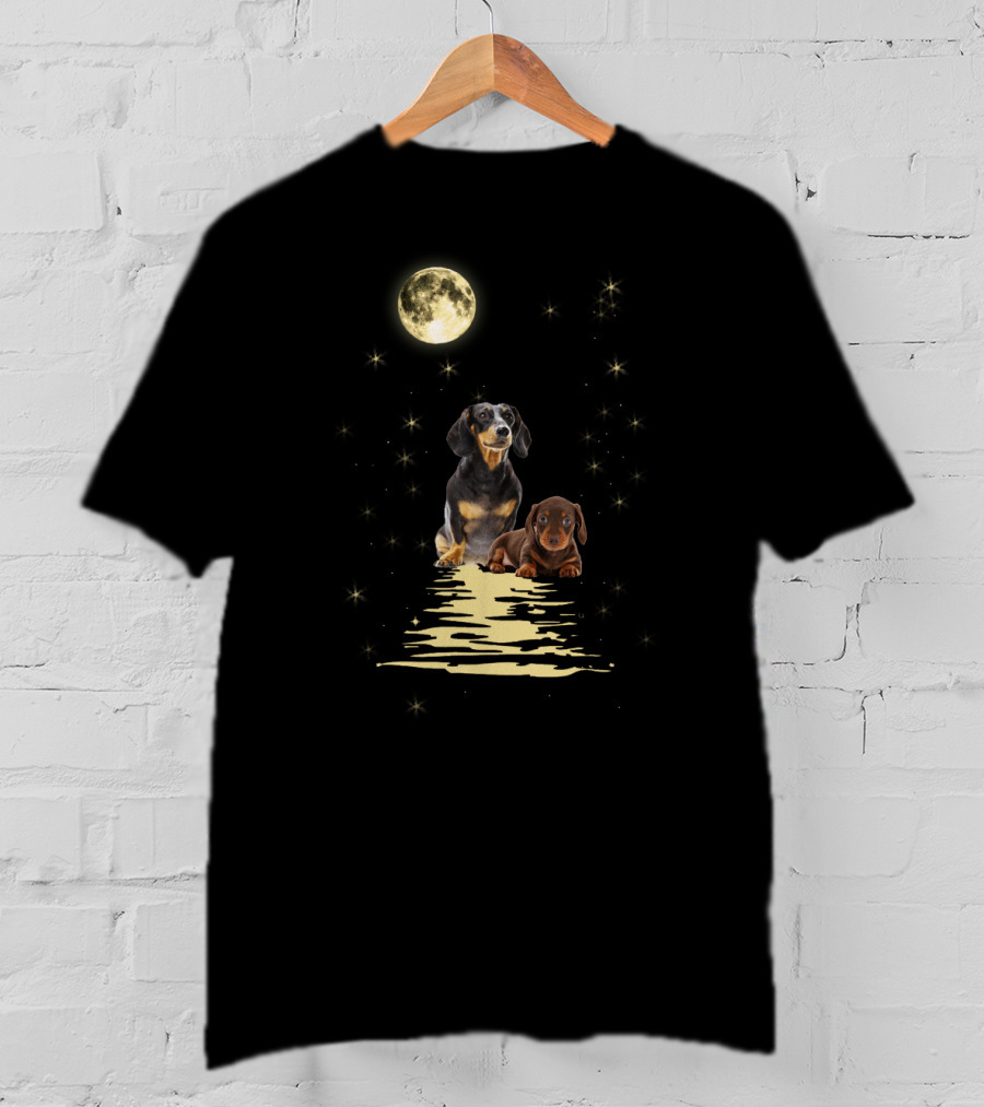 Dachshund Moonlight Reflections With Starry Night Sky T-Shirt