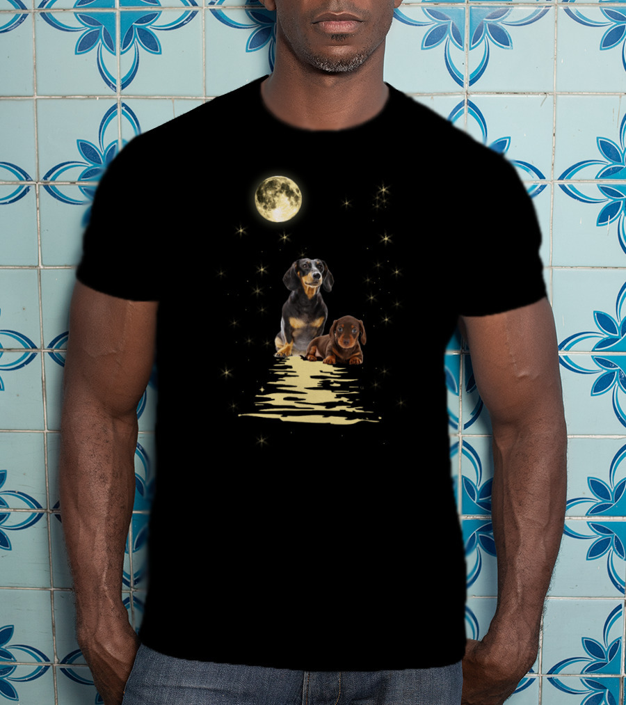Dachshund Moonlight Reflections With Starry Night Sky T-Shirt