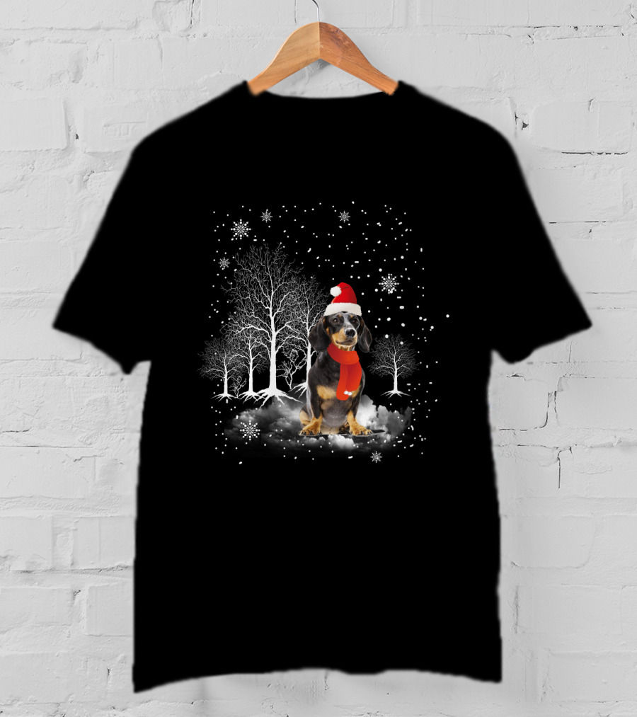 Dachshund Retriever In Santa Hat With Snowflakes And Winter Trees T-Shirt
