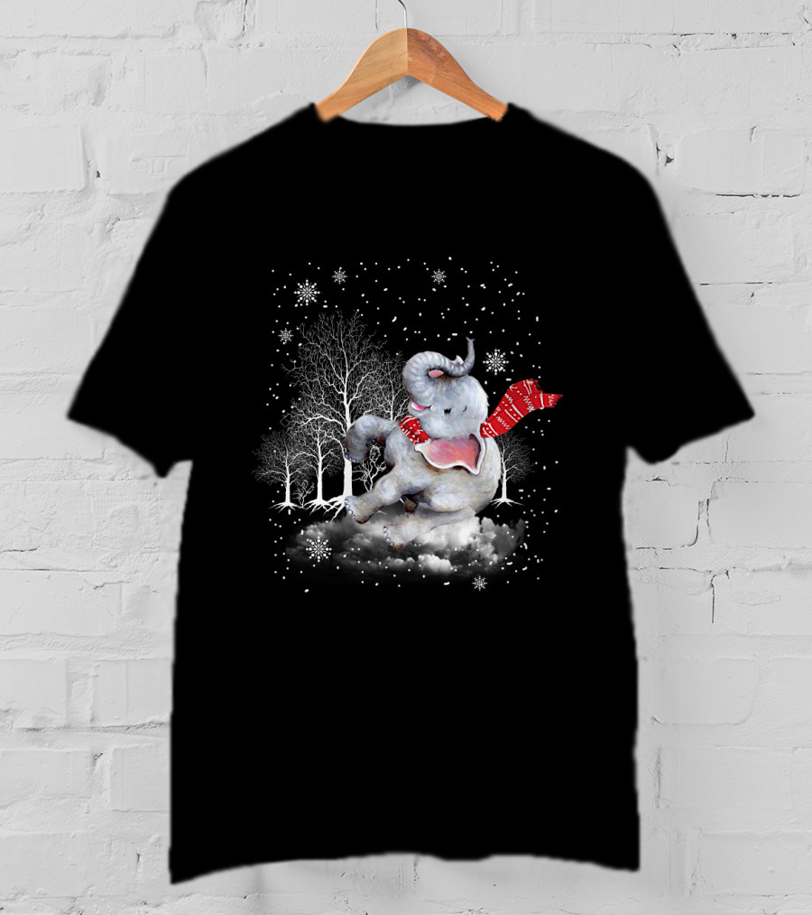 Elephant Christmas Snowflake Scarf Winter Forest Scene T-Shirt