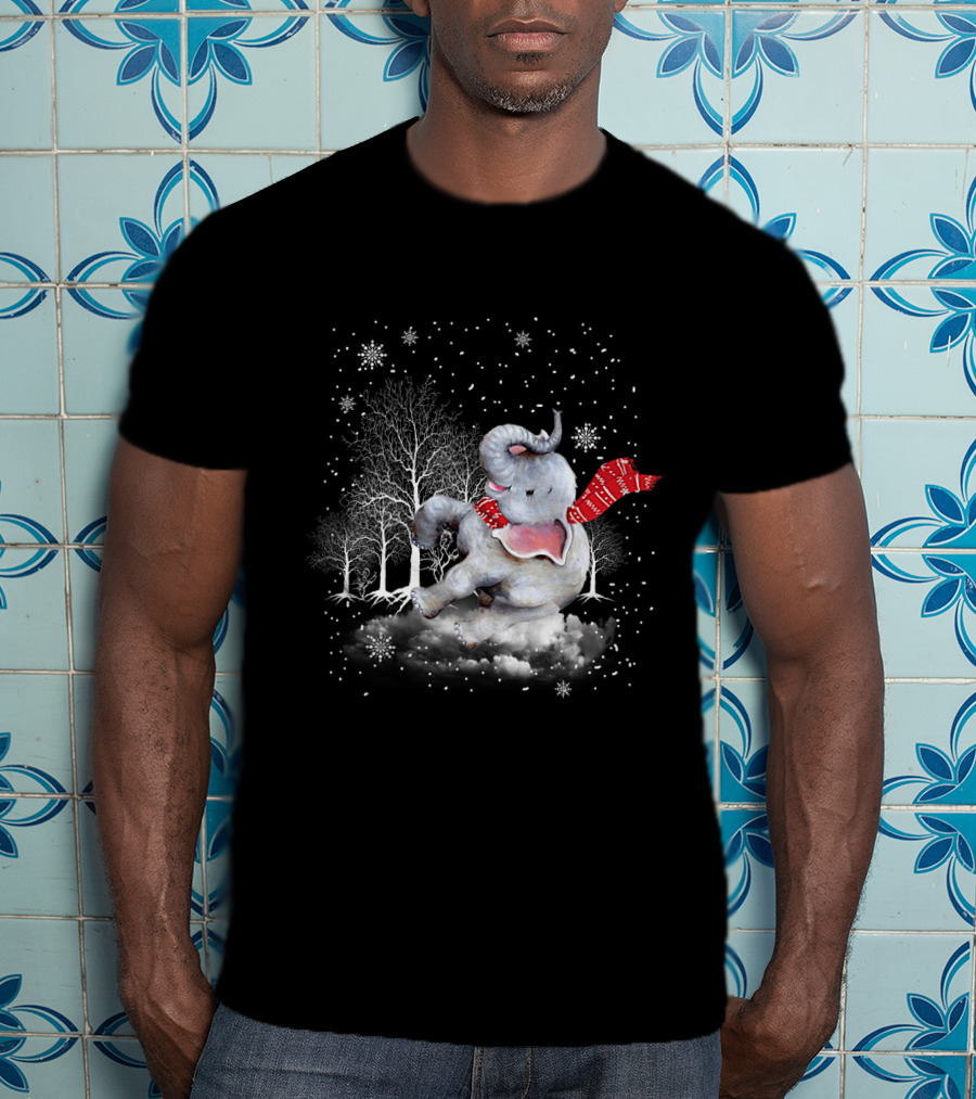 Elephant Christmas Snowflake Scarf Winter Forest Scene T-Shirt