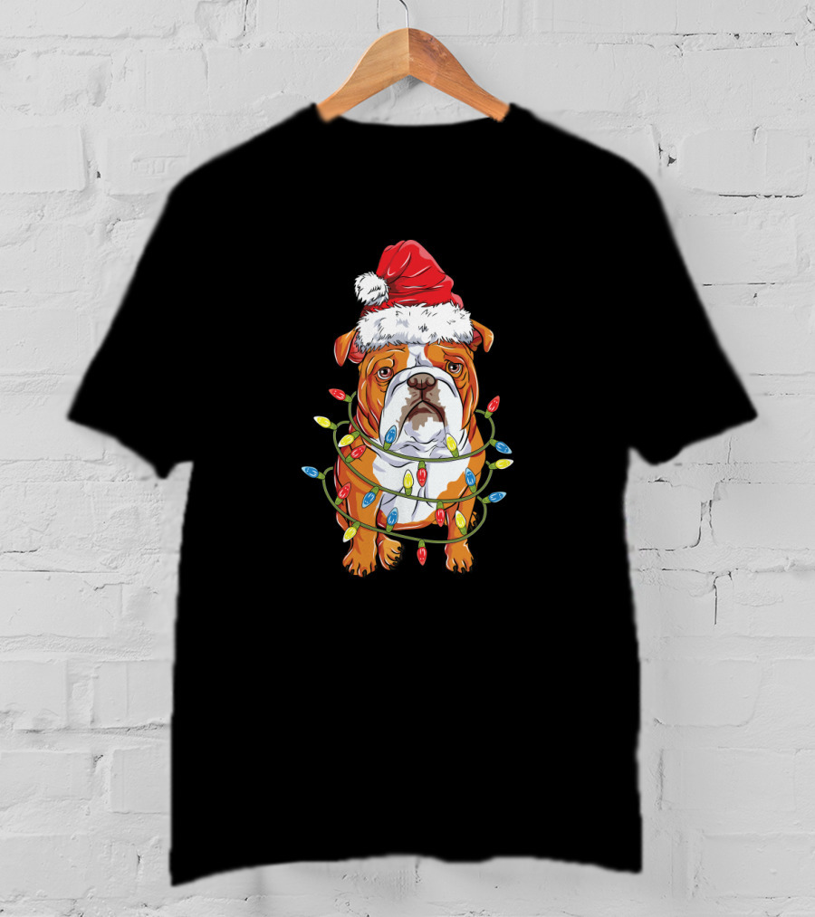 English Bulldog Christmas Santa Hat Festive Lights T-Shirt