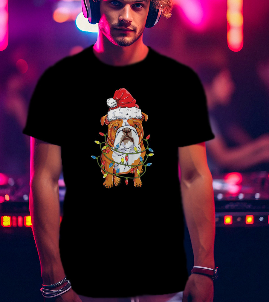 English Bulldog Christmas Santa Hat Festive Lights T-Shirt