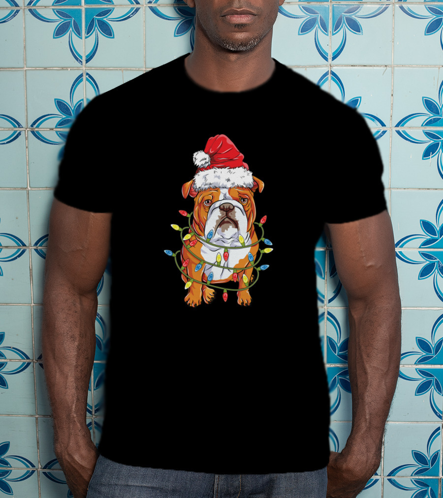 English Bulldog Christmas Santa Hat Festive Lights T-Shirt