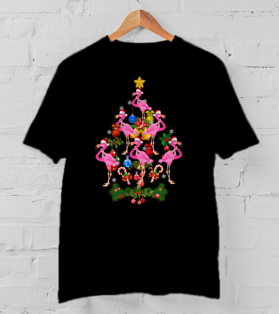 Flamingo Santa Christmas Tree Pink Ribbon Holiday Decor Icons T-Shirt