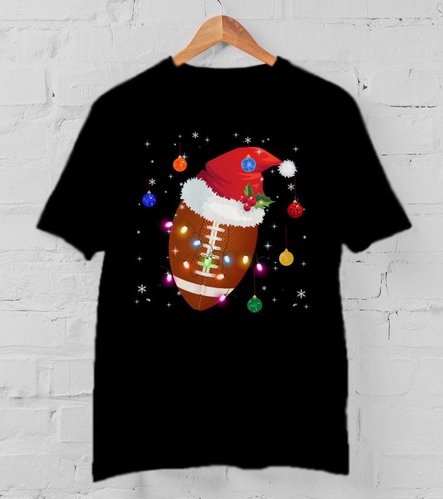 Christmas Football Santa Hat Ornaments Lights T-Shirt