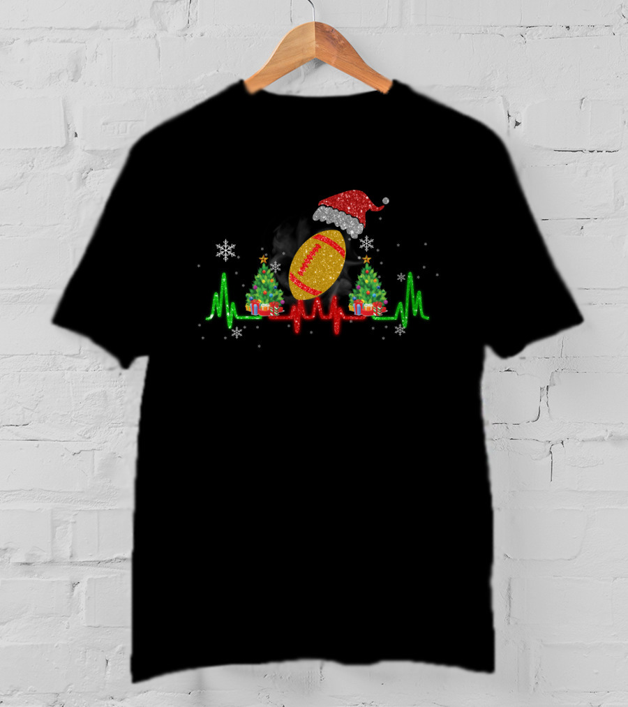 Christmas Football Heartbeat With Santa Hat And Trees T-Shirt