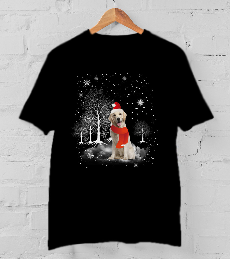 Golden Retriever Santa Hat Snowy Forest Holiday Scene T-Shirt