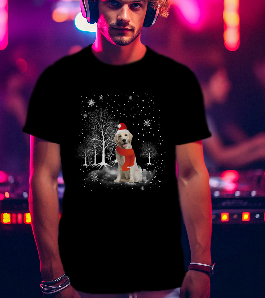 Golden Retriever Santa Hat Snowy Forest Holiday Scene T-Shirt