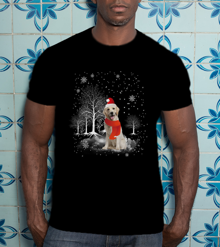 Golden Retriever Santa Hat Snowy Forest Holiday Scene T-Shirt