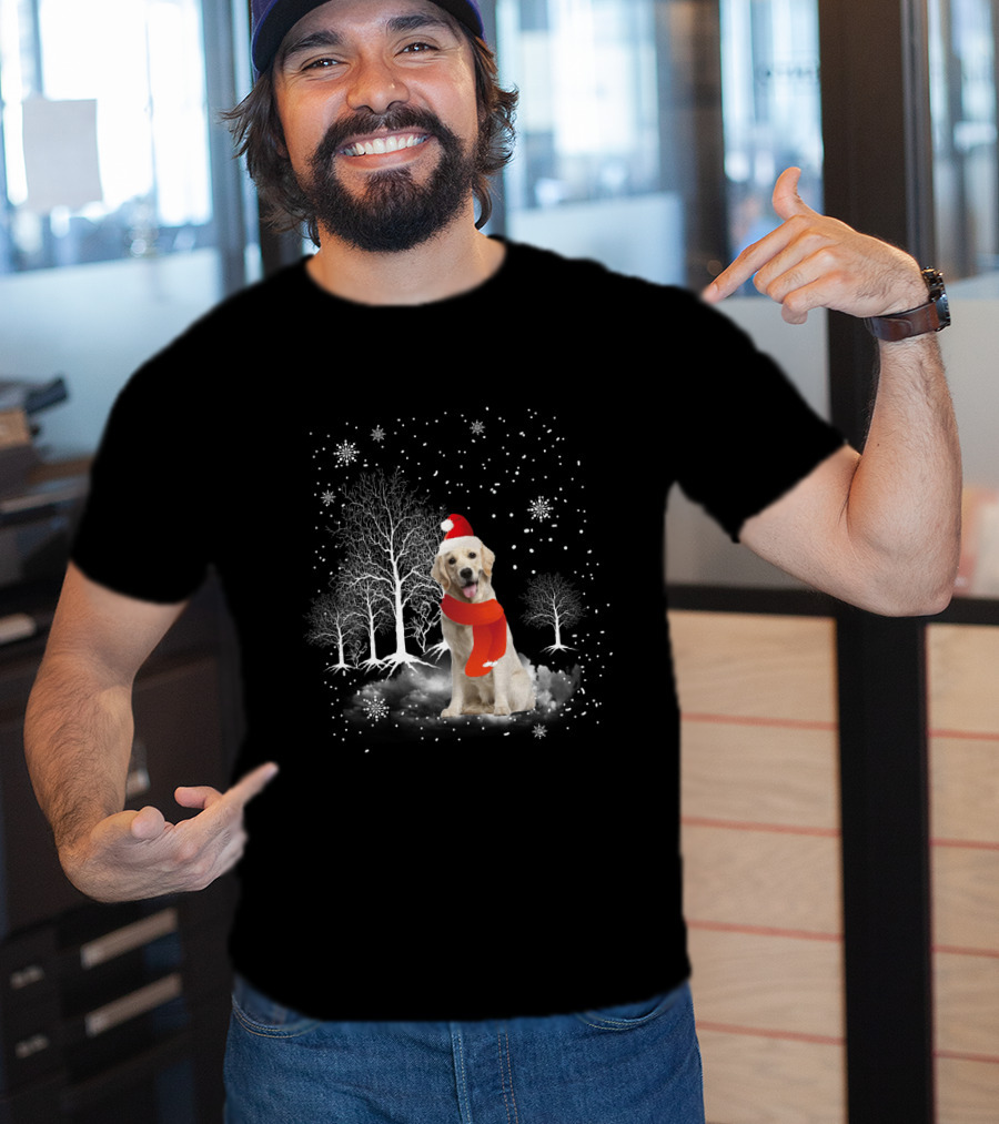 Golden Retriever Santa Hat Snowy Forest Holiday Scene T-Shirt