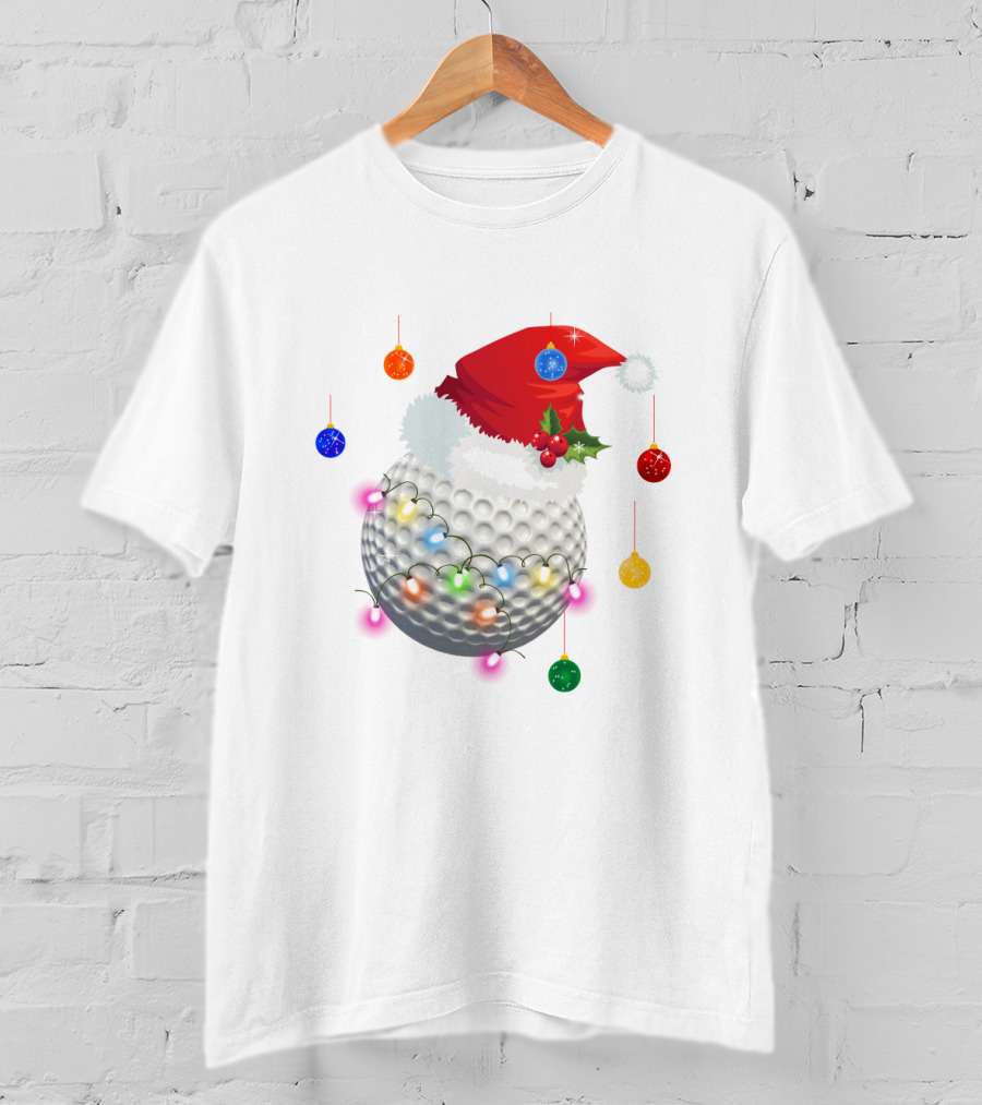 Christmas Golf Ball Santa Hat Holiday Lights T-Shirt