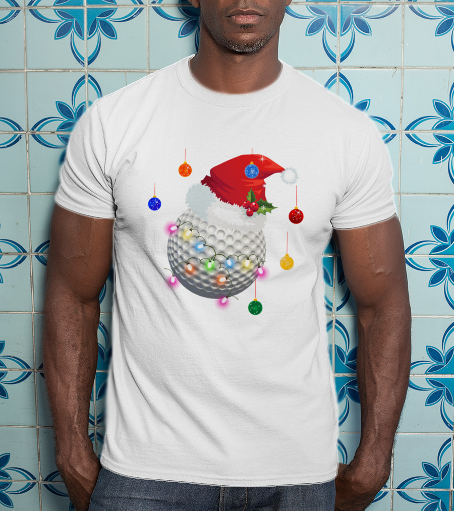 Christmas Golf Ball Santa Hat Holiday Lights T-Shirt