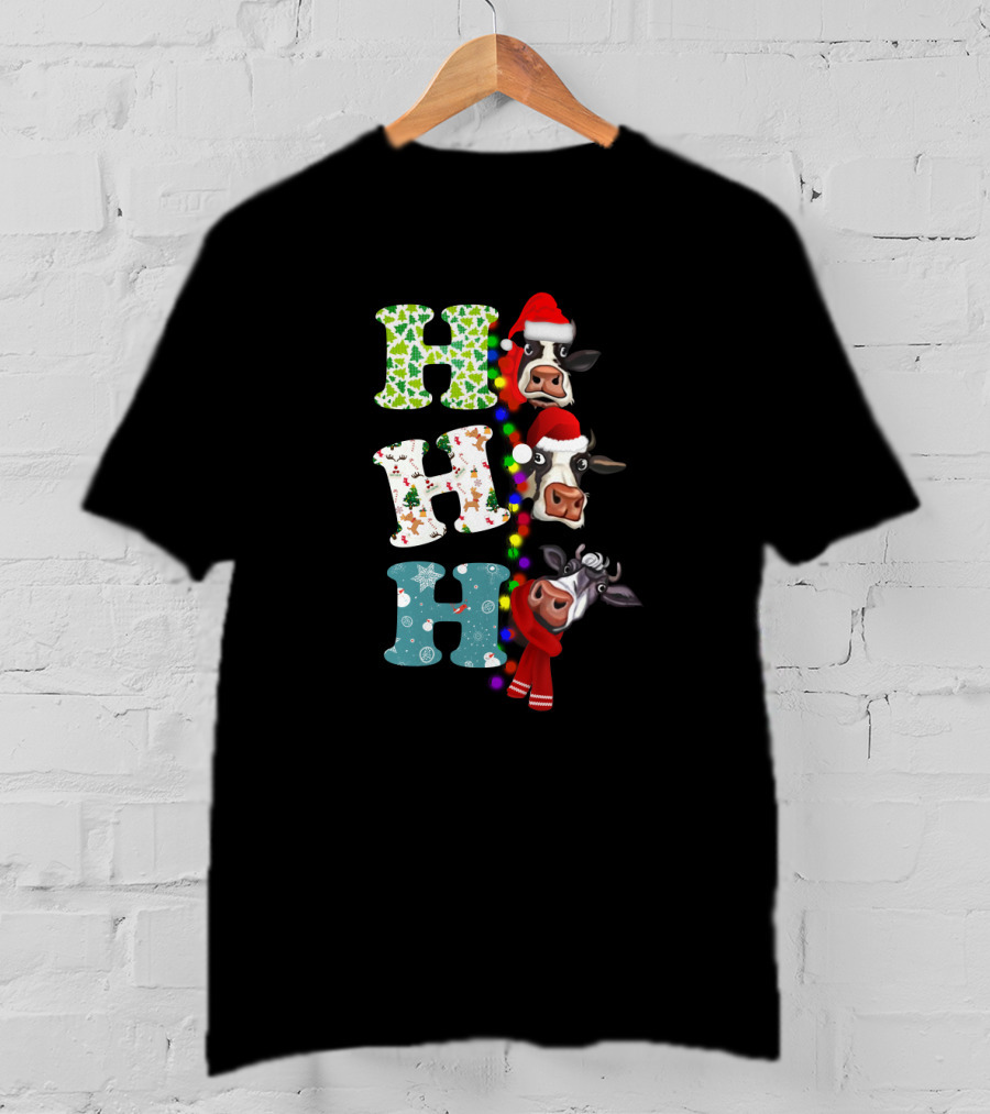 Hohoho Christmas Cow Santa Hat Scarf Lights T-Shirt