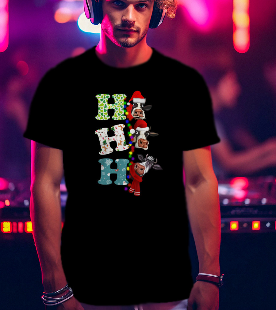 Hohoho Christmas Cow Santa Hat Scarf Lights T-Shirt