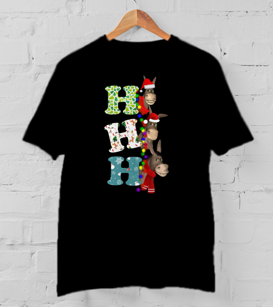 Hohoho Christmas Donkey With Santa Hats And Colorful Lights T-Shirt