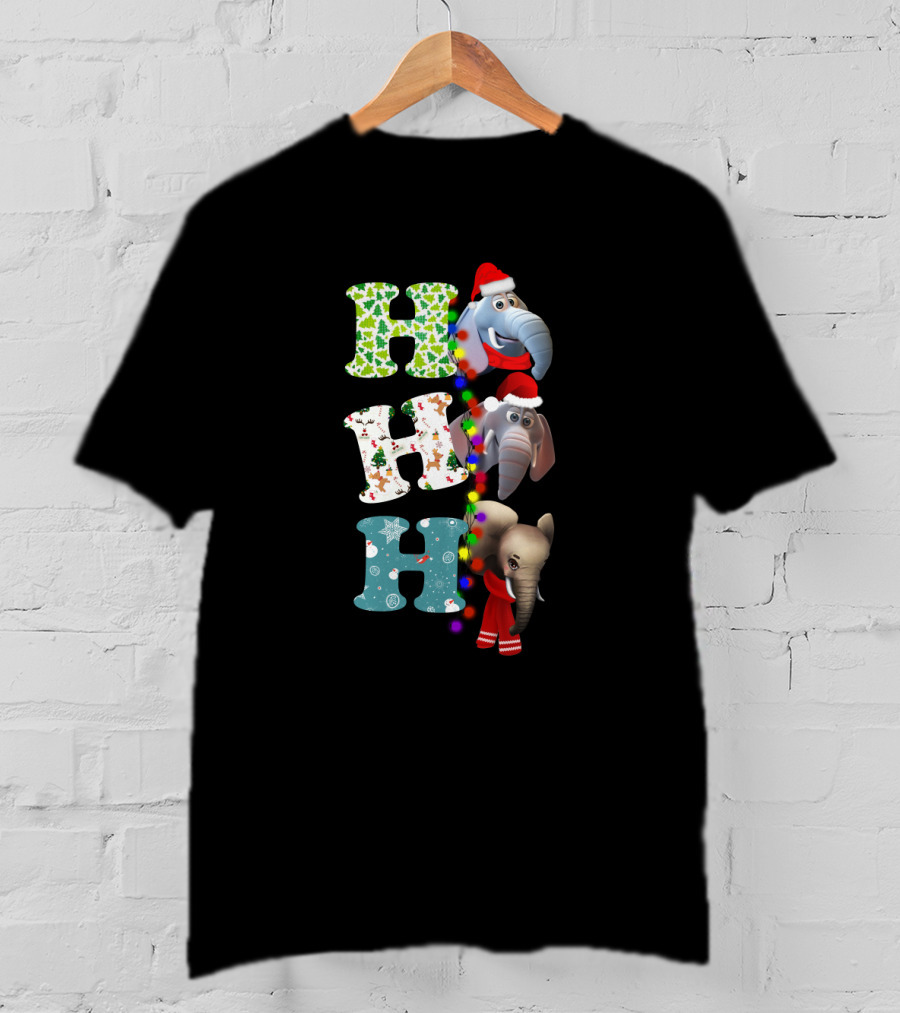 Ho Ho Ho Christmas Elephants Santa Hats And Holiday Lights T-Shirt