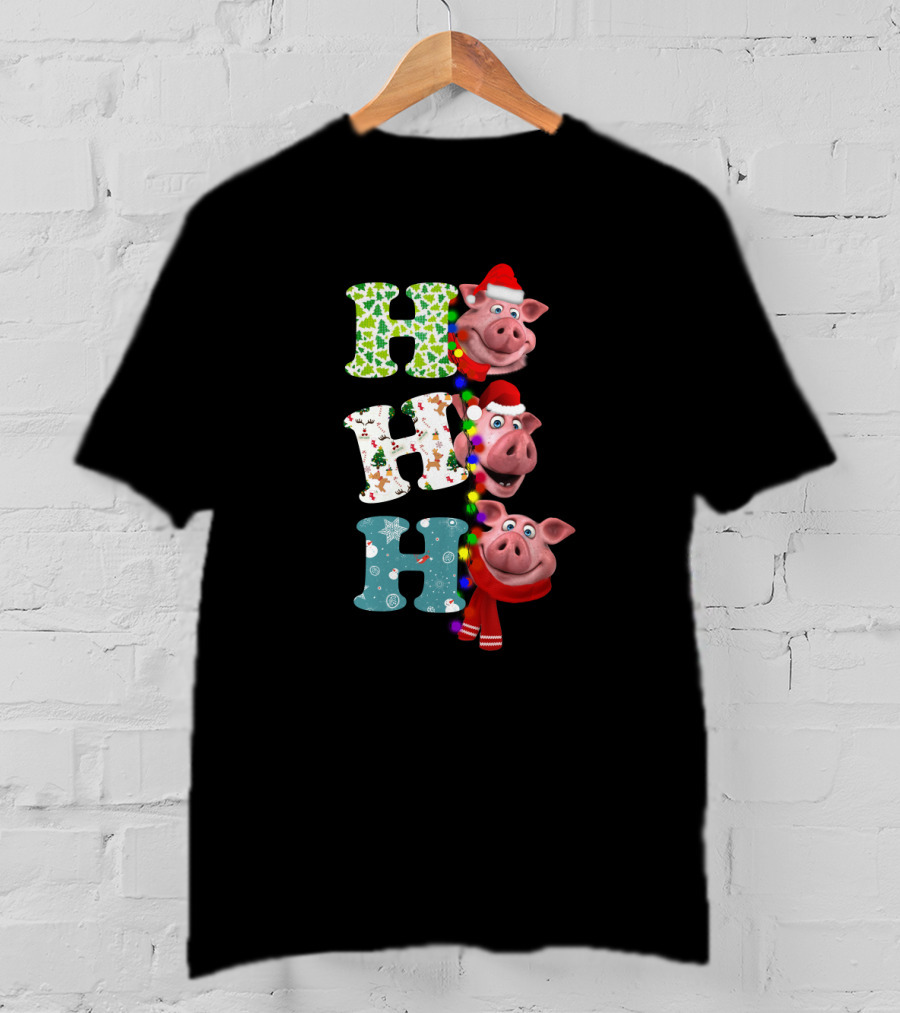 Hohoho Pig Christmas Lights Santa Hat Scarf Playful Holiday Hollysnowflakes T-Shirt