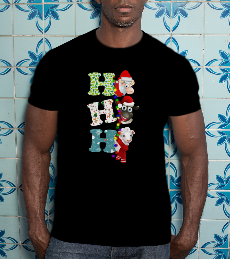 Hohoho Sheep Christmas Santa Lights And Festive Hats T-Shirt