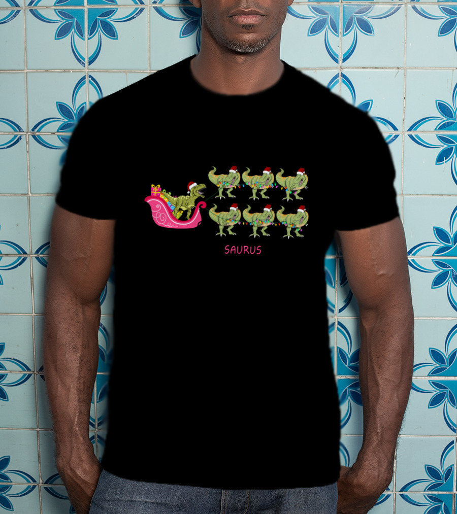 I Am Dreaming Of A Saurus Christmas With Dinosaur Santa Sleigh T-Shirt