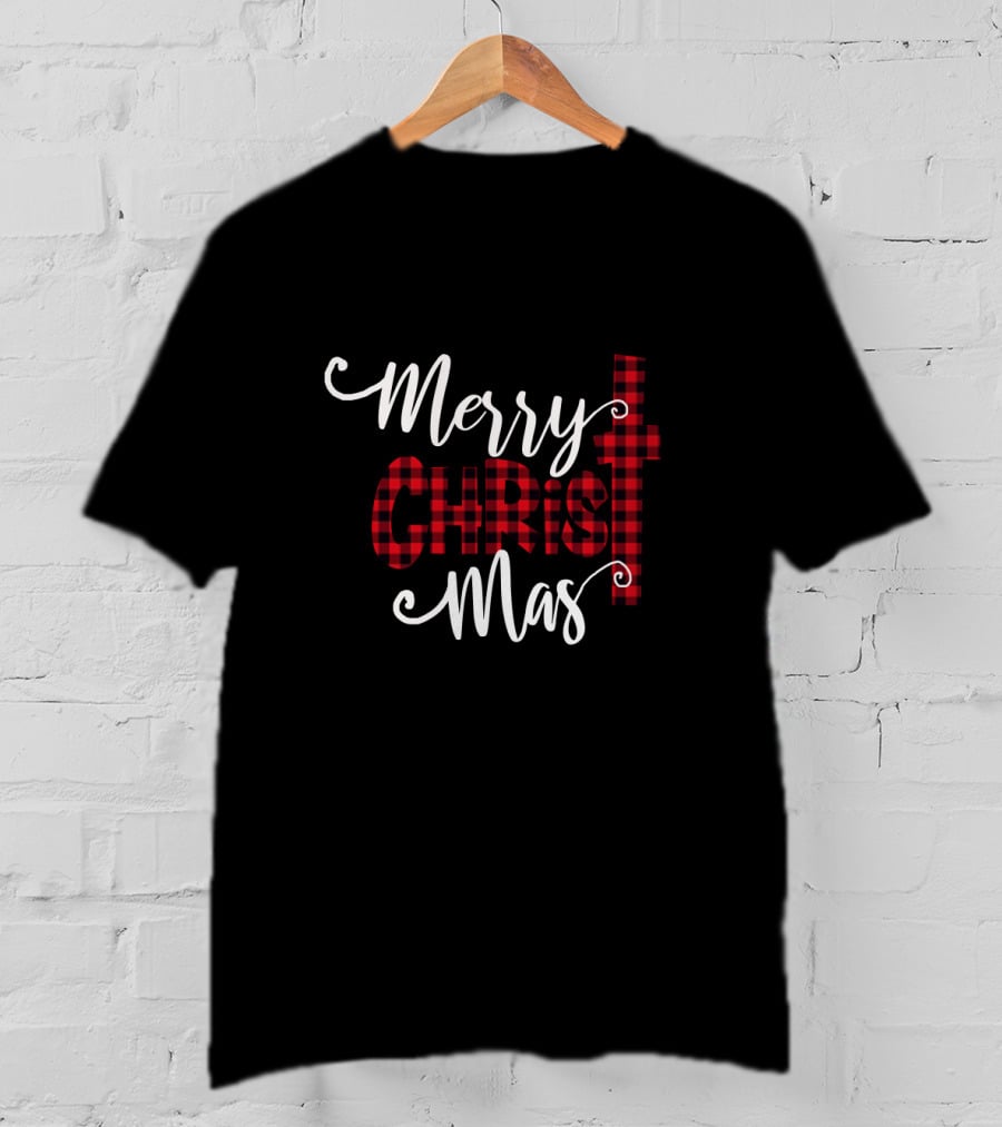 Merry Christ Mas Buffalo Plaid Cross T-Shirt