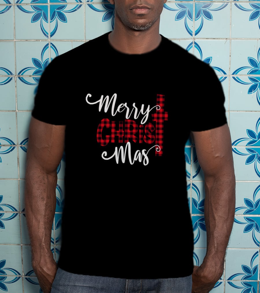 Merry Christ Mas Buffalo Plaid Cross T-Shirt