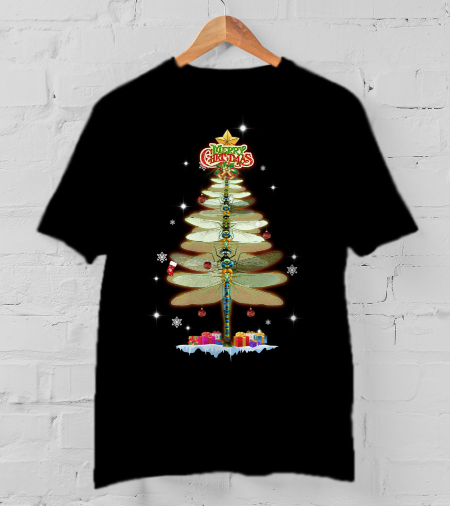 Merry Christmas Dragonfly Tree With Ornaments And Presents T-Shirt