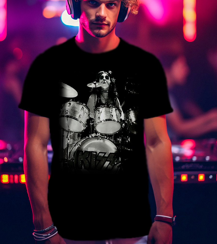 KISS Peter Criss Drummer Black And White Performance T-Shirt