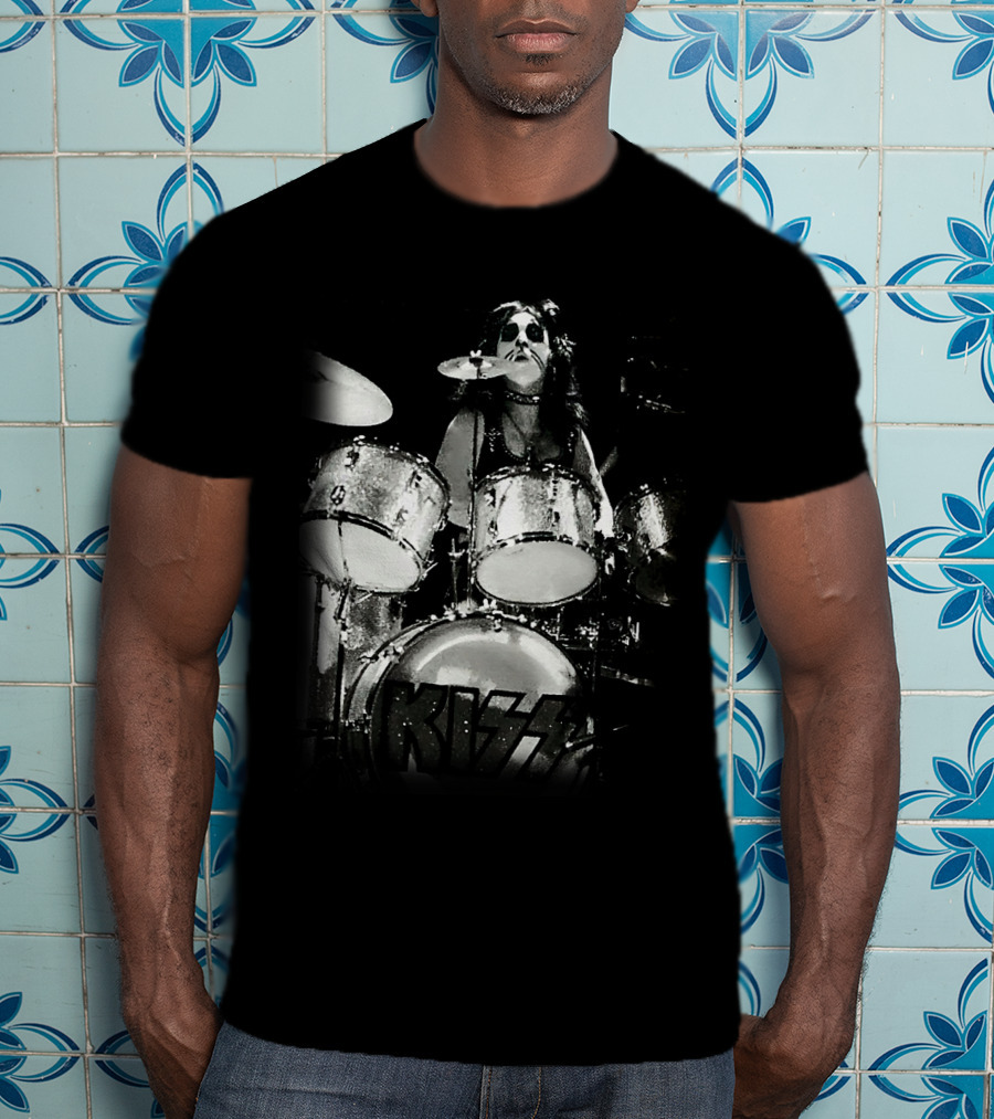 KISS Peter Criss Drummer Black And White Performance T-Shirt