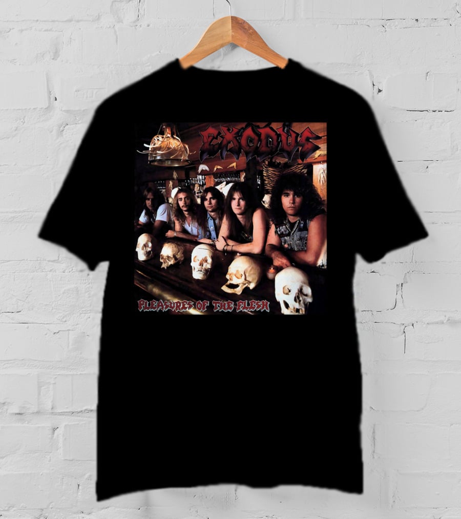 Exodus Pleasures Of The Flesh Album Cover With Band Members And Skulls T-Shirt