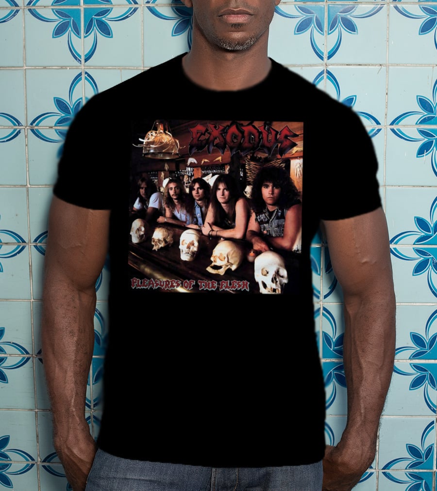 Exodus Pleasures Of The Flesh Album Cover With Band Members And Skulls T-Shirt