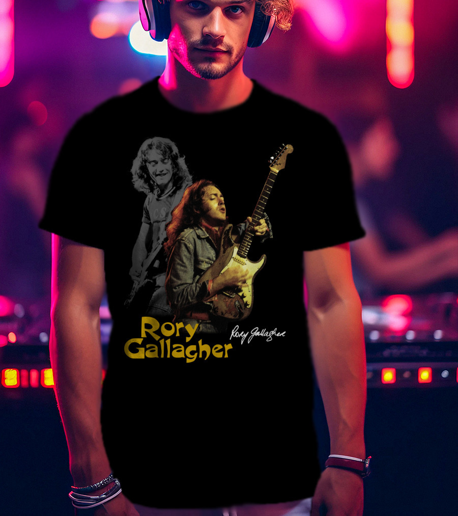 Rory Gallagher Playing Electric Guitar With Signature T-Shirt
