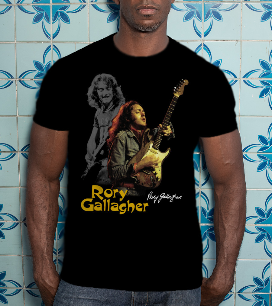 Rory Gallagher Playing Electric Guitar With Signature T-Shirt