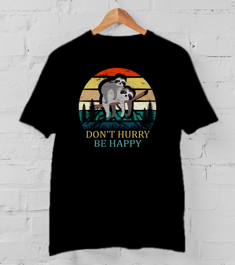 Retro Sloth Hiking Team Don't Hurry Be Happy Vintage Sunset Stripes Forest T-Shirt