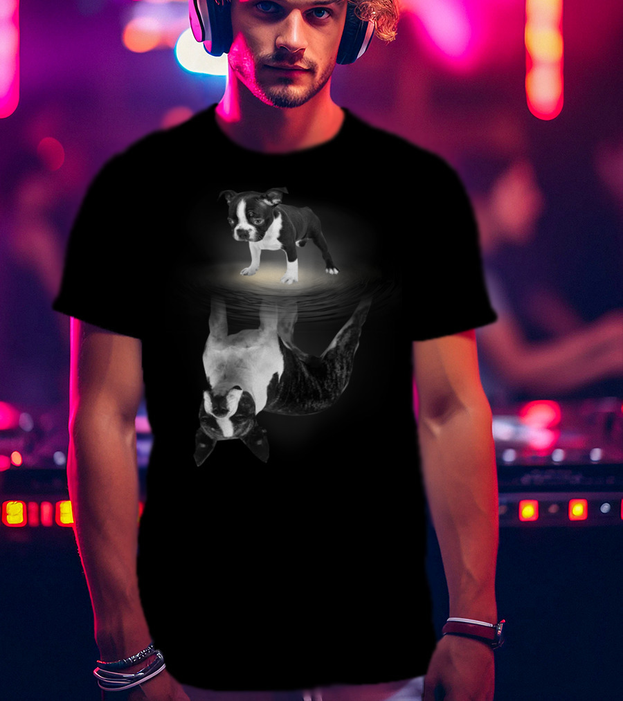 Bostie Mom Boston Terrier Reflections In Water With Puppy T-Shirt