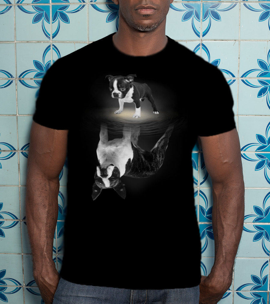 Bostie Mom Boston Terrier Reflections In Water With Puppy T-Shirt