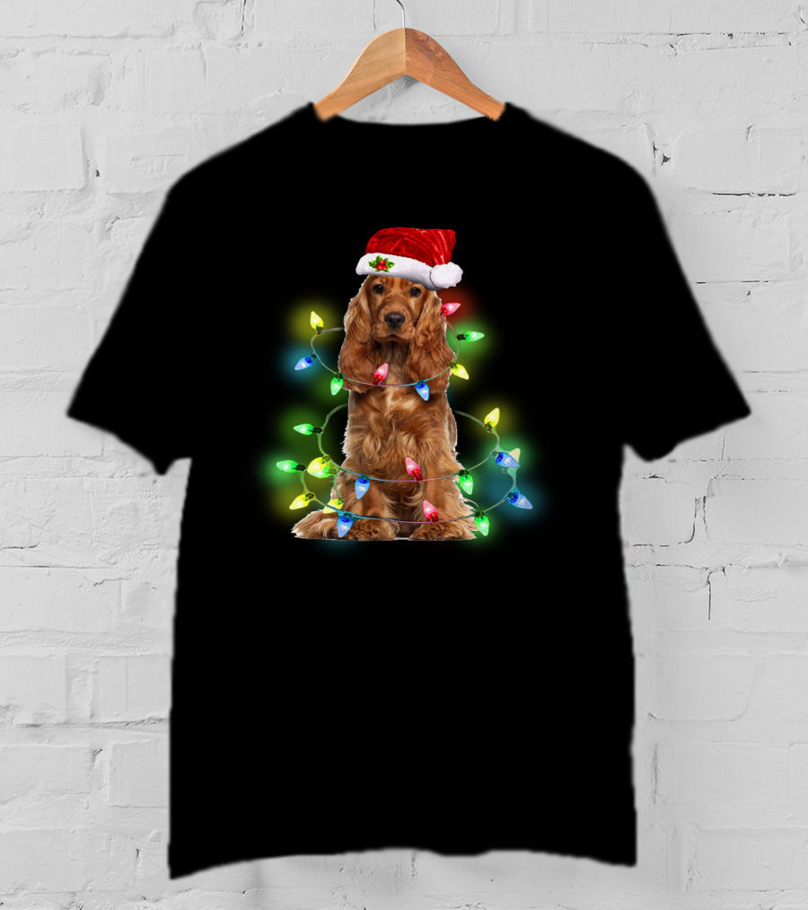 Cocker Spaniel Christmas Santa Hat Wrapped In Colorful Holiday Lights T-Shirt