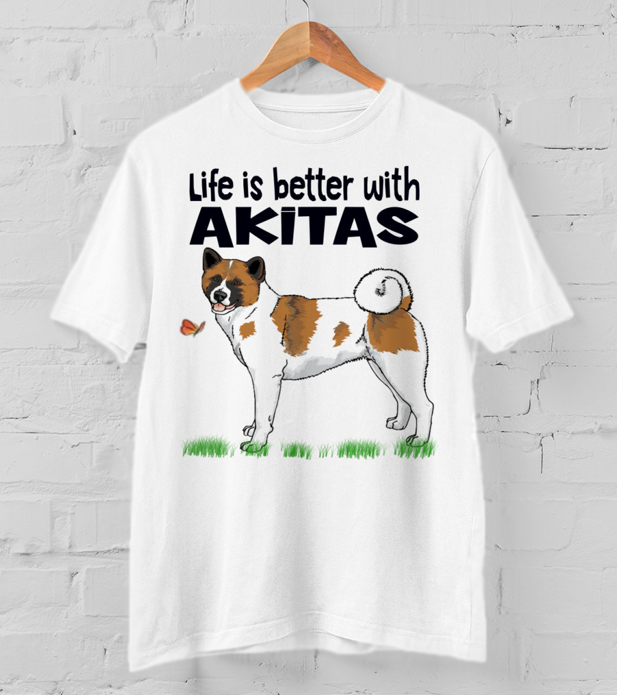 Life Is Better With Akitas Illustrated With Butterfly And Dog T-Shirt