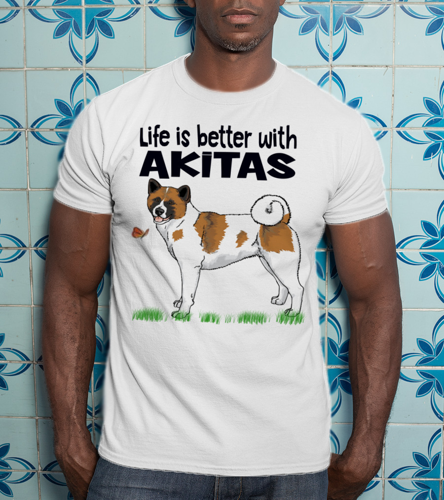 Life Is Better With Akitas Illustrated With Butterfly And Dog T-Shirt