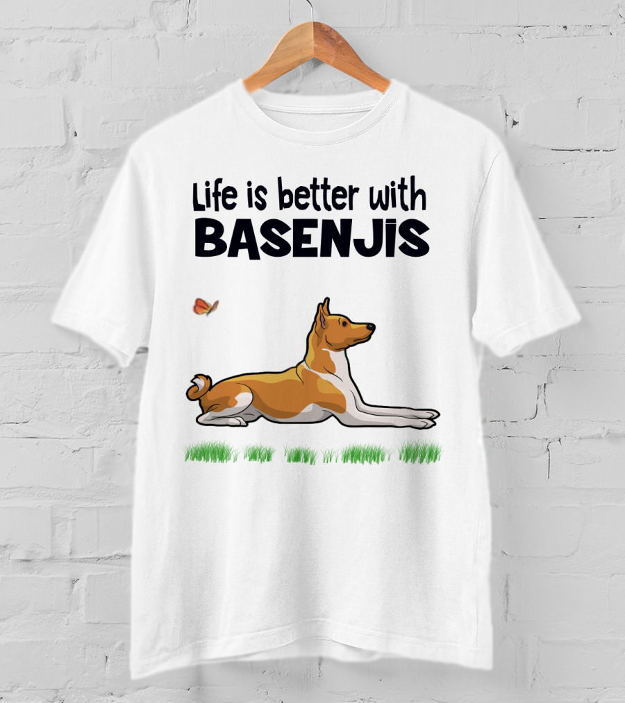 Life Is Better With Basenjis Dog 70s Retro Style Laying On Grass With Butterfly T-Shirt