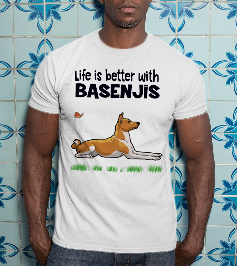Life Is Better With Basenjis Dog 70s Retro Style Laying On Grass With Butterfly T-Shirt